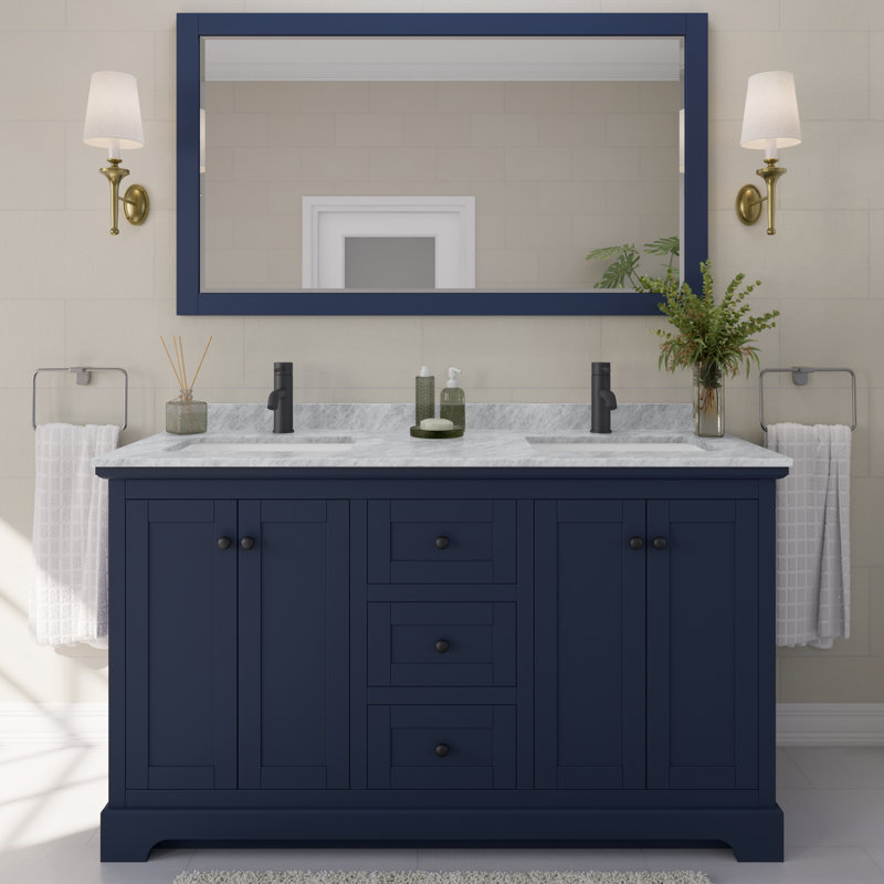 Meuble-lavabo de 60 po avec miroir Avery, Bleu foncé, Noir mat