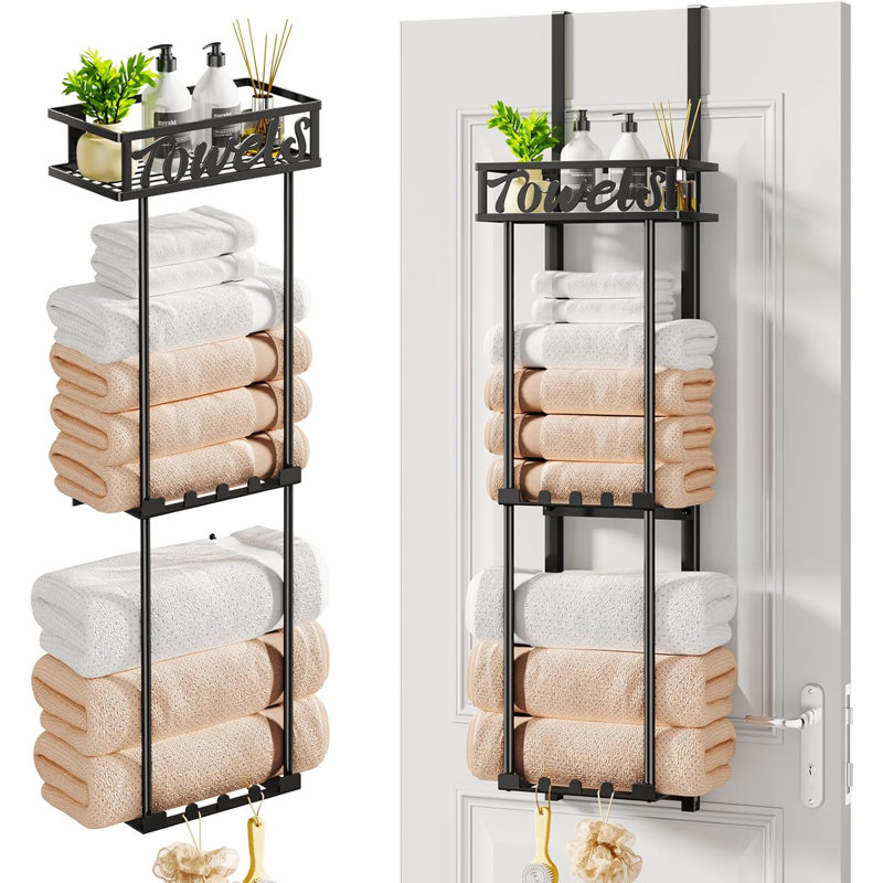 Porte-serviettes sur 3 niveaux avec tablette et crochets - Organisateur de rangement de salle de bain peu encombrant pour serviettes roulées