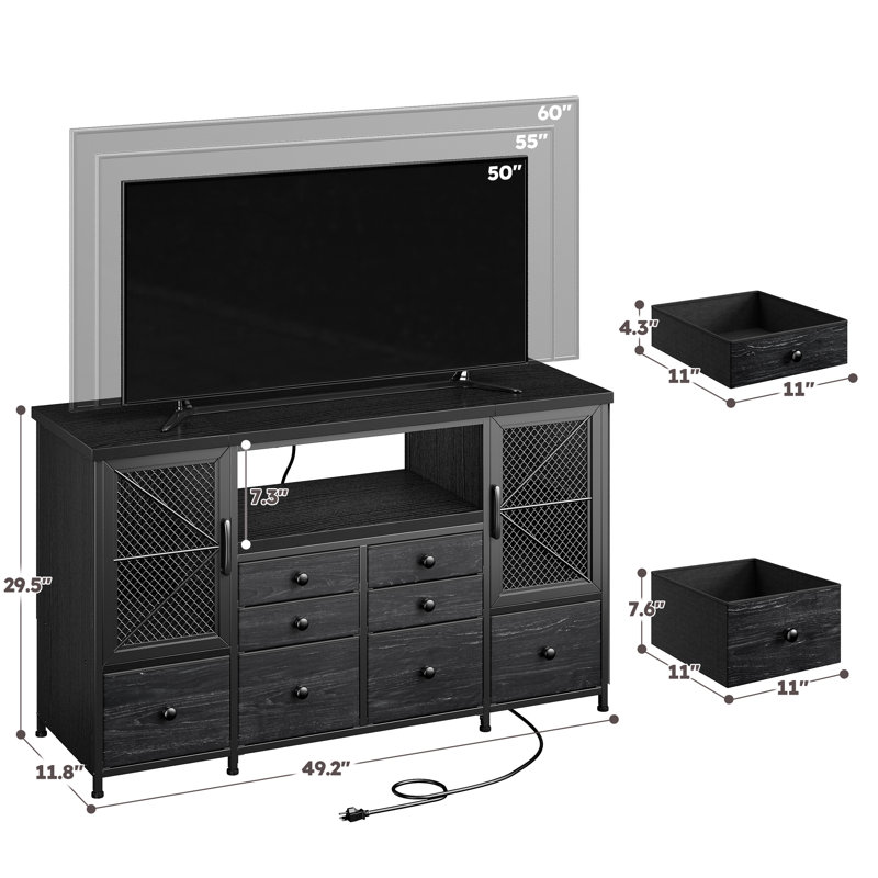 Modern 8-drawer Dresser Tv Stand With Metal Mesh Doors & Built-in Outlets - Bedroom Storage, Black