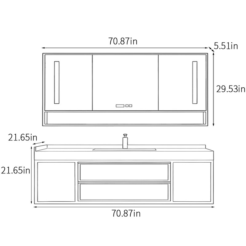 Meuble de salle de bain lumineux de style moderne et luxueux, H 21,65 po x l 70,87 po x P 21,65 po