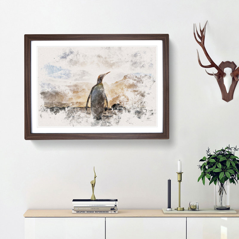 King Penguin - Picture Frame Painting Print, Walnut Framed, 62cm H x 87cm W x 2cm D