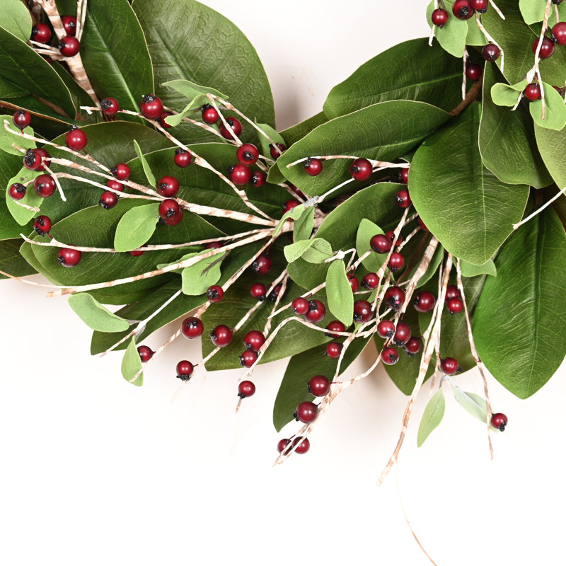 Couronne de bouleau artificielle 22 "avec eucalyptus et feuilles de magnolia, baies, printemps, hiver, couronne de Noël pour la porte d'entrée