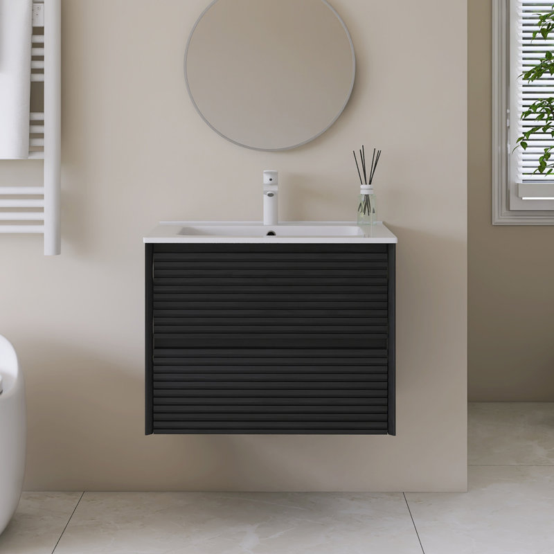 Meuble-lavabo mural simple avec plateau en céramique intégré blanc, Noir, 24"