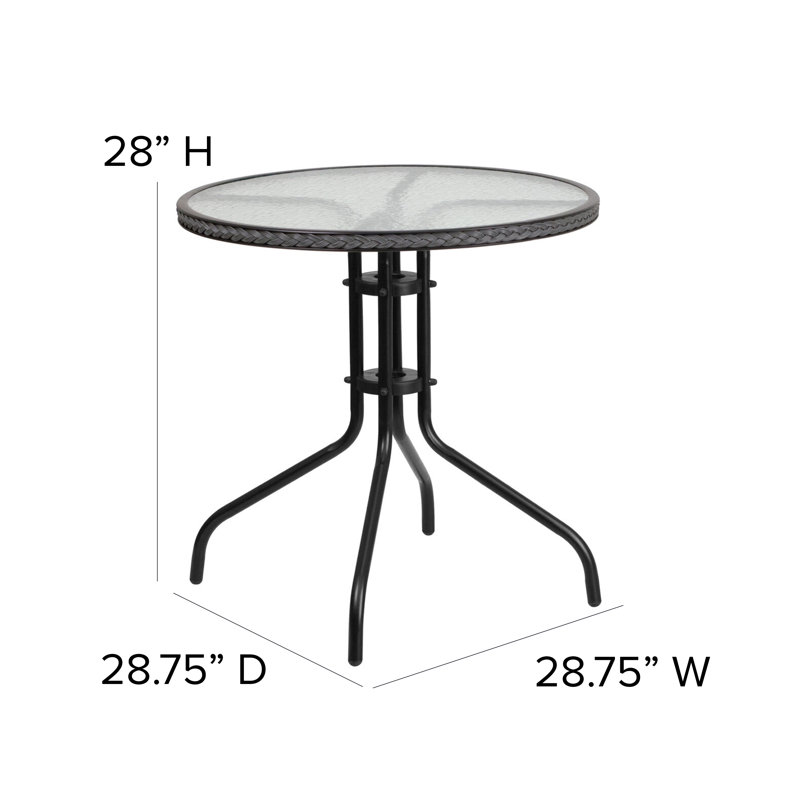 28'' Round Glass Table with Rattan Edging and 4 Rattan Stack Chairs, Grey