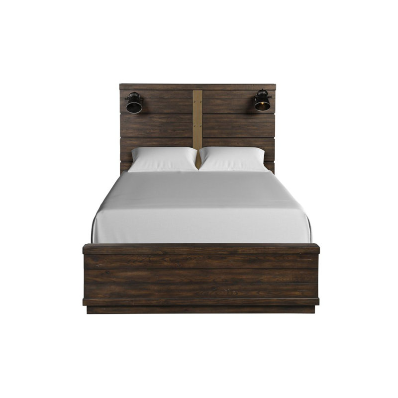 Grand lit de style campagnard industriel avec Bluetooth et lumières, Grand lit