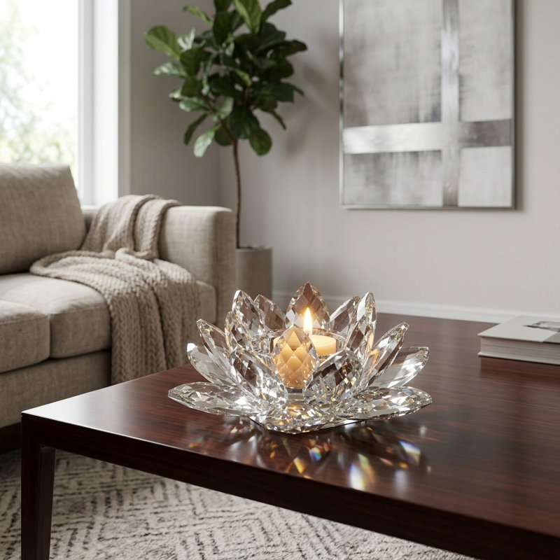 Iridescent Glass Crystal Lotus Votive Candle Holder, 3" H x 8.25" W x 8.25" D, Silver
