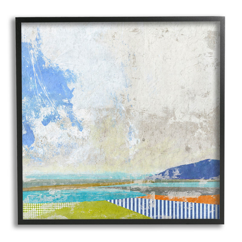 "Puffy Clouds Beach", impression par estampe numérique par Suzanne Nicoll, Giclée encadrée noir minuit