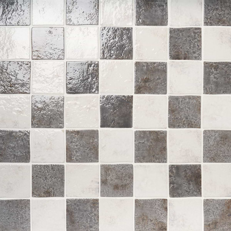 Greta 5x5 Checkered Glossy Textured Porcelain Tile, Smoke Gray/Seashell White