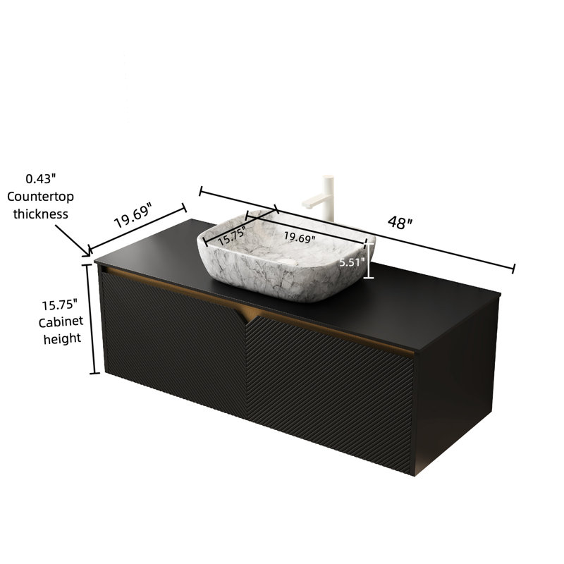 48.9-Inch Bathroom Vanity & Sink Choice, Plywood Storage Unit, Marble Pattern Ceramic Vessel, Black Sintered Stone Surface Treatment, Twill Double Doors With Metal Accoutrements 48" Constitution,