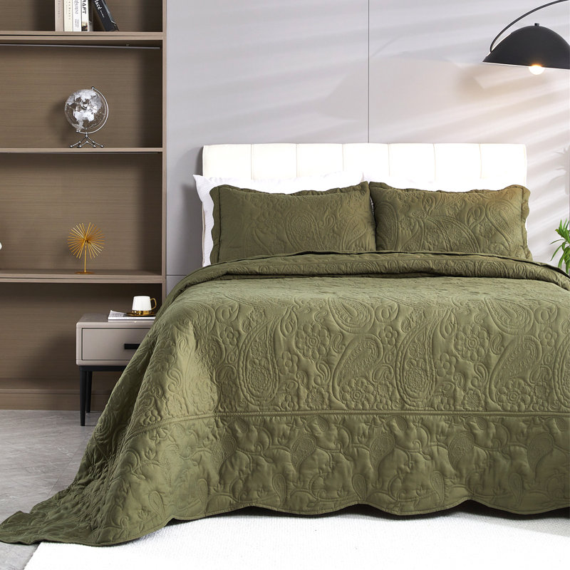 Microfiber Reversible Oversized 3 Piece Coverlet, Bedspread Set, Oversized King Plus + 2 King Shams, Olive Green