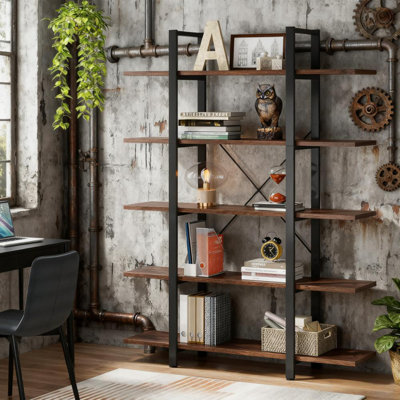 Bibliothèque ouverte rustique à 5 niveaux - Fabrication robuste en acier et bois et rangement multifonctionnel