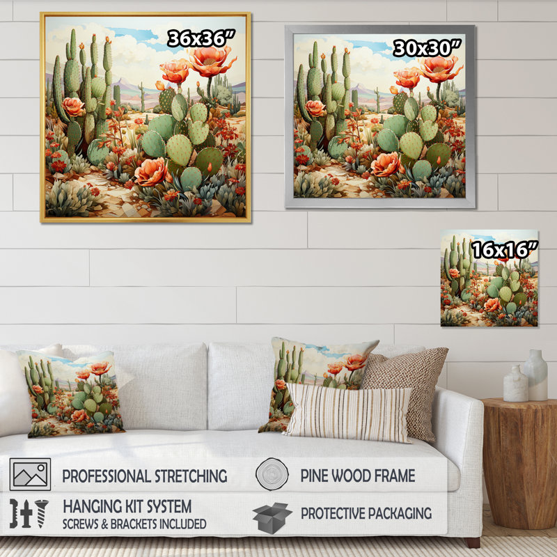 Corail vert cactus désert pointillisme III - art mural de cactus pour le salon, H 16 po x l 16 po x P 1 po