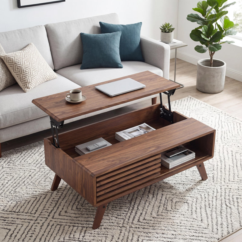 Table basse Mid-Century moderne, table basse à plateau relevable avec porte coulissante à lattes et espace de rangement