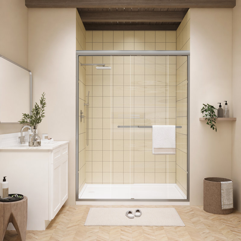 Porte de douche coulissante double encadrée en nickel brossé avec poignées doubles et verre transparent l 50 po x l 72 po x H 72 po