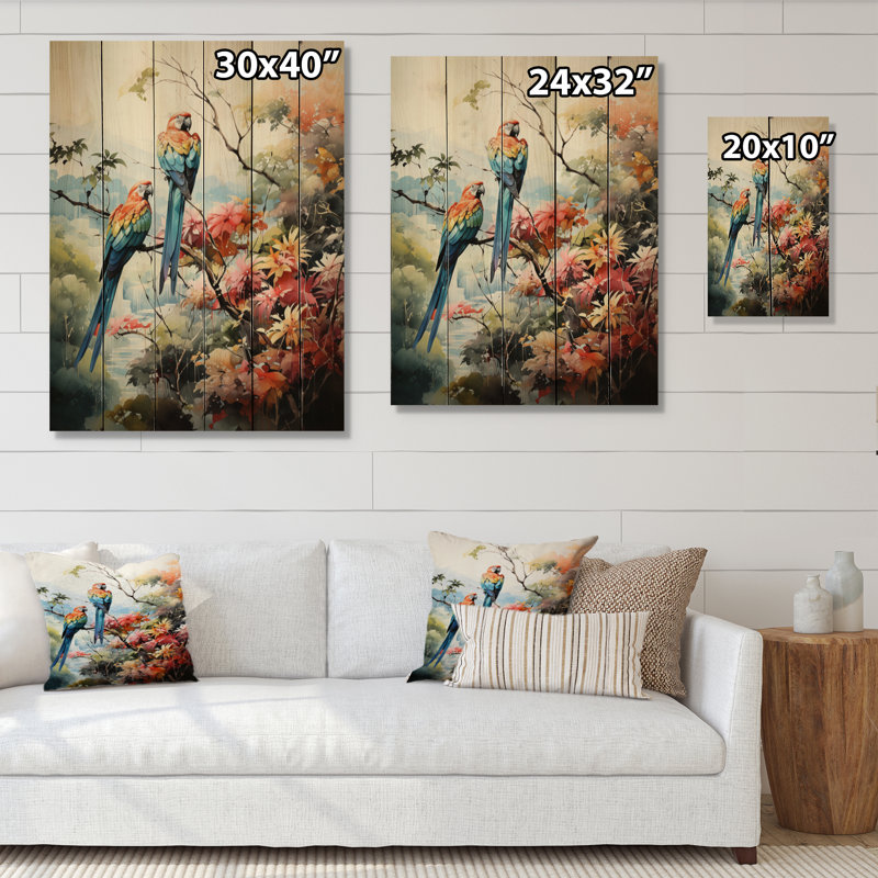 Deux perroquets sur une branche II sur bois, H 40 po x l 30 po x P 0,78 po