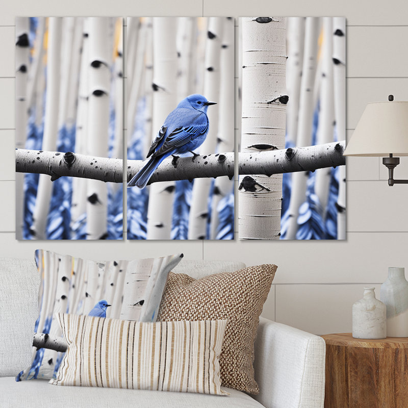 Reproduction de 3 pièces monochromes bleu gris dans une forêt I sur toile, H 28 po x l 36 po x P 1 po