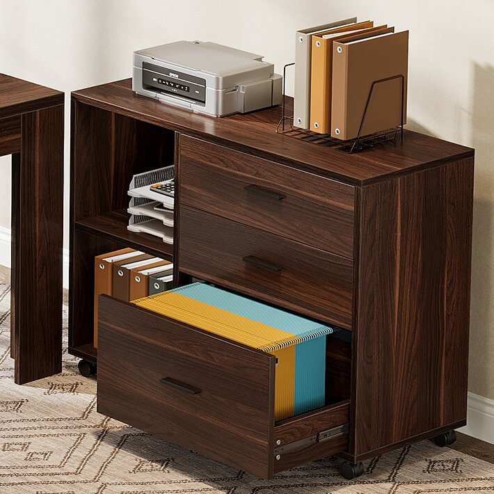 Classeur latéral mobile avec tiroirs et tablettes, armoire de rangement à roulettes, brun, Marron foncé