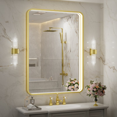 Rectangle LED Bathroom Mirror, Metal Frame Vanity Mirror with Lights, Anti-fog, Dimmable&3 Colors Temperatures Adjustable, Memory Fuction