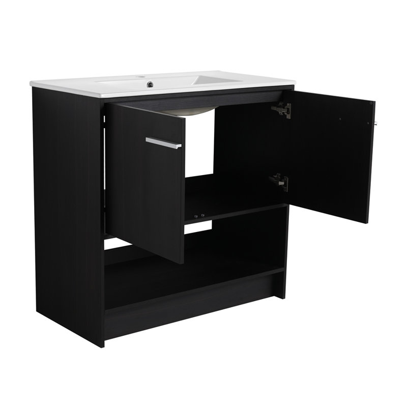 Meuble-lavabo avec lavabo en céramique, 2 portes à fermeture douce, meuble-lavabo autoportant, 35.88", Chêne foncé