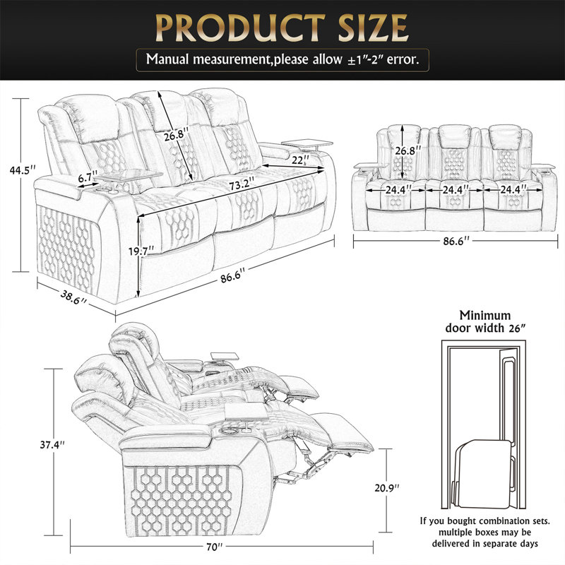 Fauteuil inclinable électrique 86,6 po 3 PC avec nappa de grain supérieur, relaxation entièrement réglable, charge intelligente, éclairage DEL RVB dynamique, NOIR