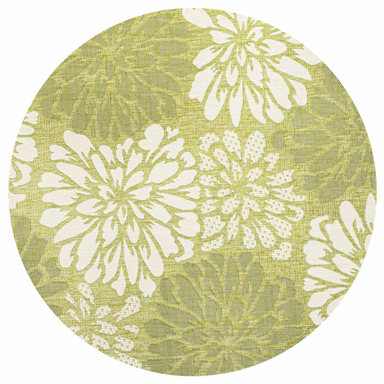Zinnia Modern Floral Textured Weave Green/Cream Indoor/Outdoor Rug