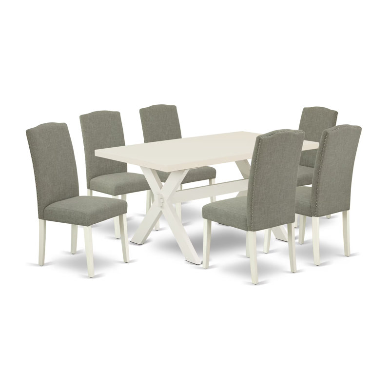 Ensemble de salle à manger 7 pièces comprenant une table de cuisine rectangulaire à pattes en X et 6 chaises rembourrées en lin Shitake foncé multicolore.