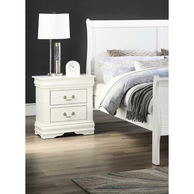 Table de chevet contemporaine blanche avec deux tiroirs, matériau en bois massif, corps au design créatif, intérieur entièrement fini, look moderne