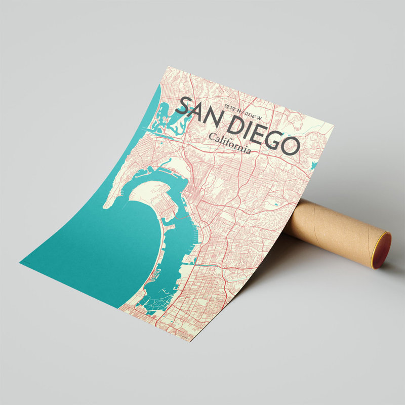 «San Diego City Map», reproduction d'impression sur affiche en beige, H 24 po x l 18 po