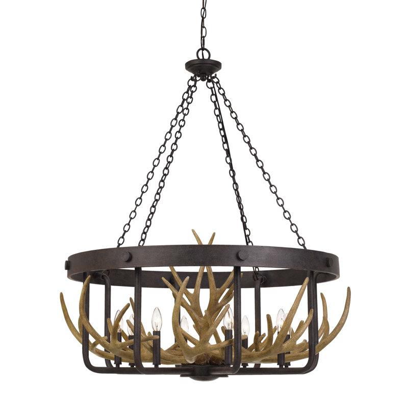 Lustre en métal à huit lumières en forme de bois de cerf, hauteur 108,6 cm (42,75 po), largeur 152,4 cm (60 po), câblé.