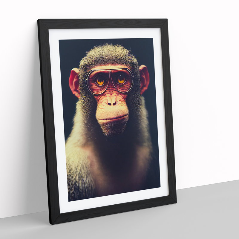 A Monkey In Glasses No.4 - Single Picture Frame Print, 64cm H x 46cm W x 2cm D, Black Framed