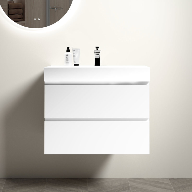 Lavabo contemporain à surface solide blanc brillant - intégré avec trop-plein, sans drain ni robinet, rendant les salles de bain contemporaines et fonctionnelles