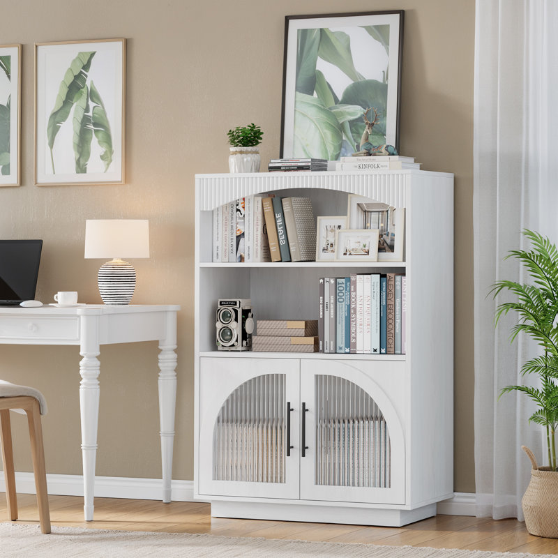 46" Bookshelf And Bookcase, Small Bookcase With Glass Door, 3 Tier Mid-century Book Shelves W/ Deep Storage Cabinet And Adjustable Shelves, Wood Standing Small Book Shelf For Home Office Kitchen