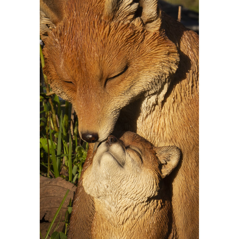 Hand Painted Brown Polyresin Mother and Baby Fox Garden Statue