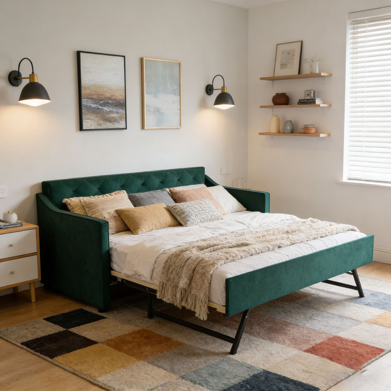 Twin Size Upholstery DayBed with Twin Size Pop-up Trundle and USB Charging, Green  Velvet