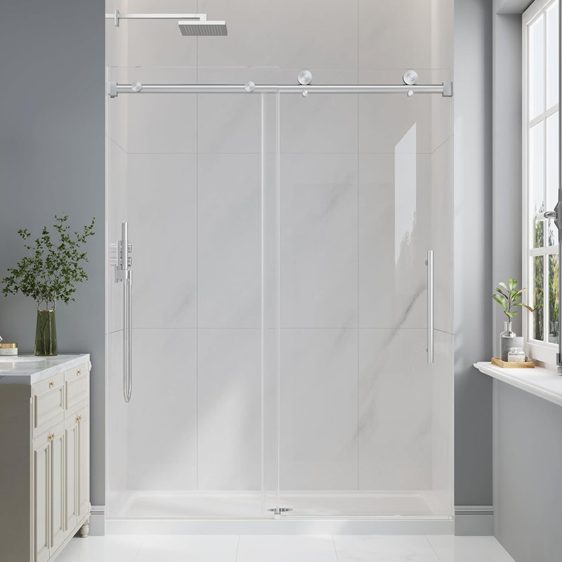 49"-54" W x 76" H Single Sliding Frameless Shower Door in Brushed Nickel with 1/4" (6mm) Clear Tempered Glass, Aluminum Frame