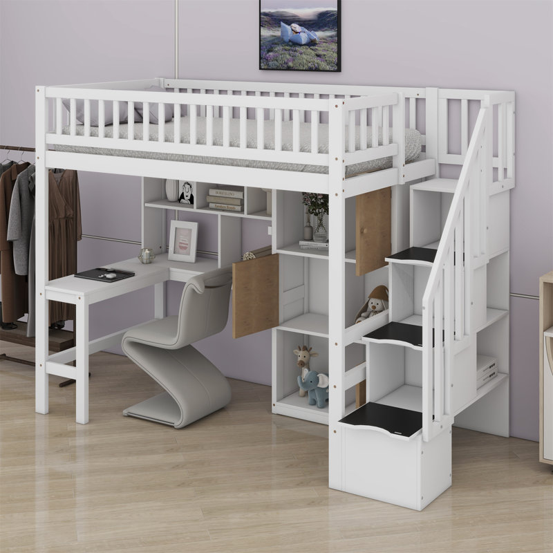 Wood Loft Bed With Built-In Desk, LED, Storage Shelves, Cabinets And Staircase, White
