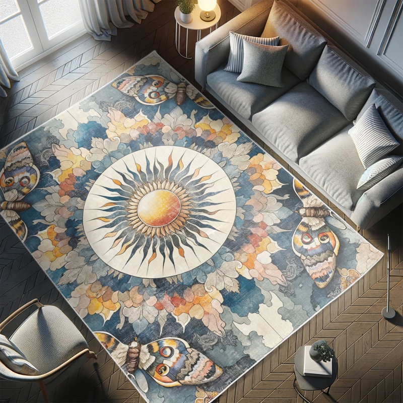 Bohemian Blue Sun and Moth Synthetic Area Rug 2'3" x 3'9"
