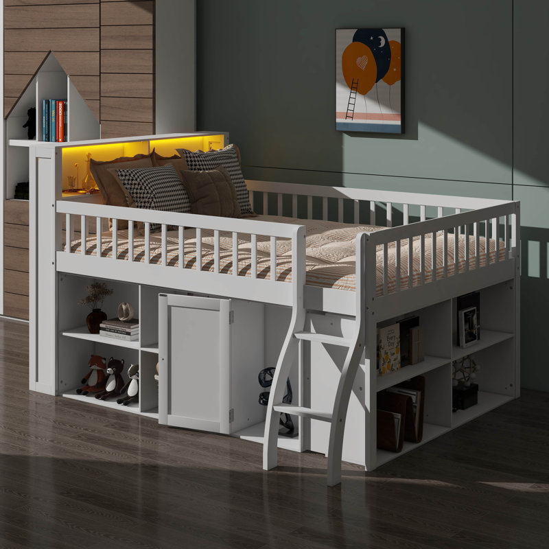 Lit mezzanine avec rangement intégré et tête de lit avec éclairage à DEL, Lit double, Blanc
