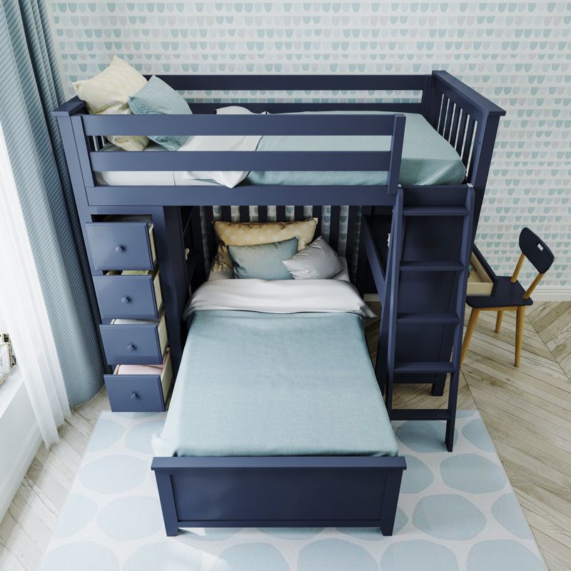 Herminda Twin Solid Wood L-Shaped Bunk Beds with Bookcase, Blue