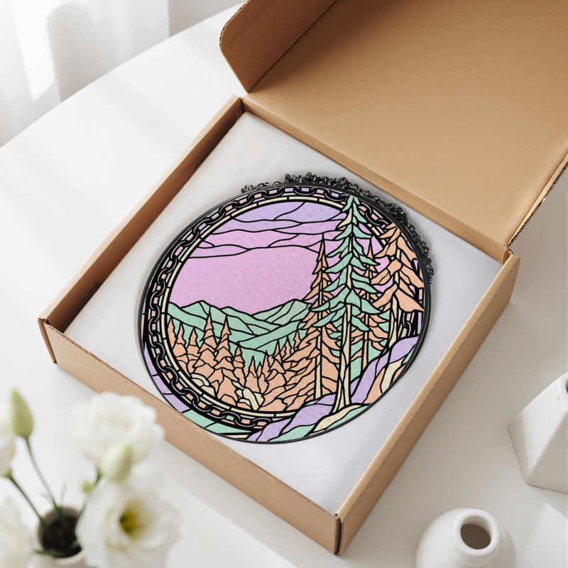 Panneau de vitrail Mountain Forest, 12" H x 12" W