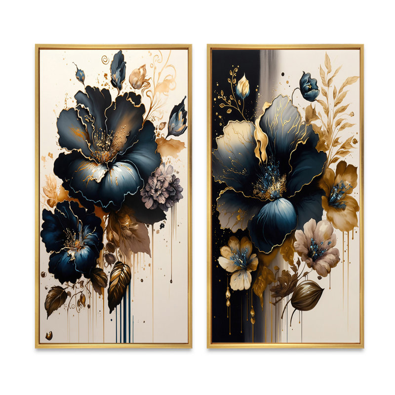 «Bleu foncé et hibiscus doré», 2 pièces sur toile, Encadrement doré, H 32 po x l 32 po