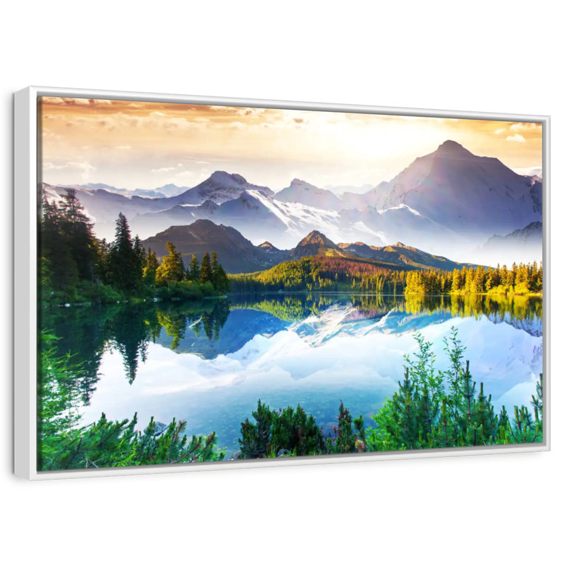 Montagne et lac au lever du soleil, Cadre flottant blanc, 13 po x 9 po