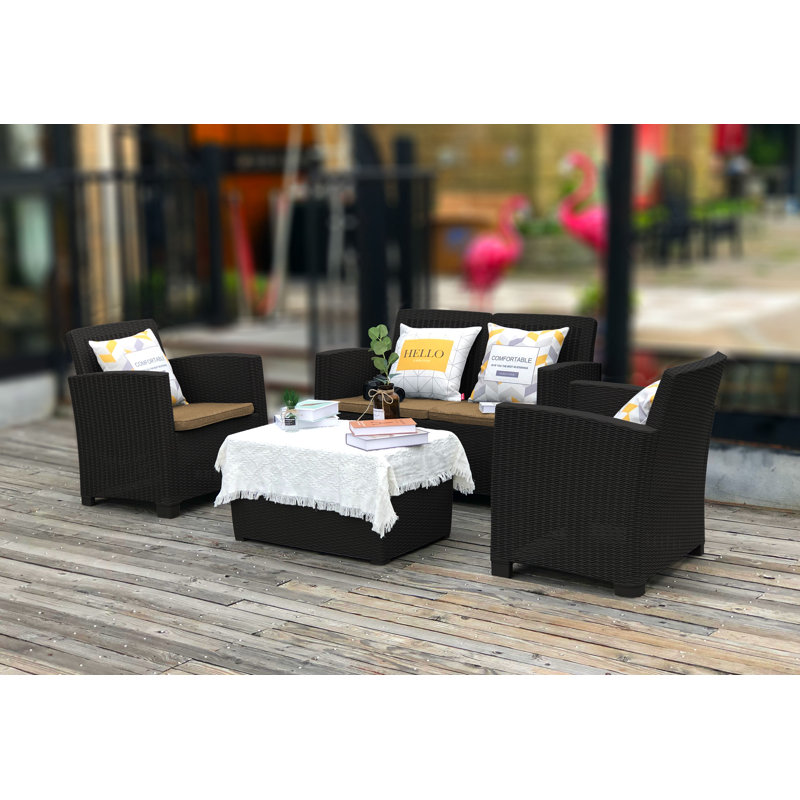 Henryk Plastic 4 - Person Deep Seating Group with Cushions, Black