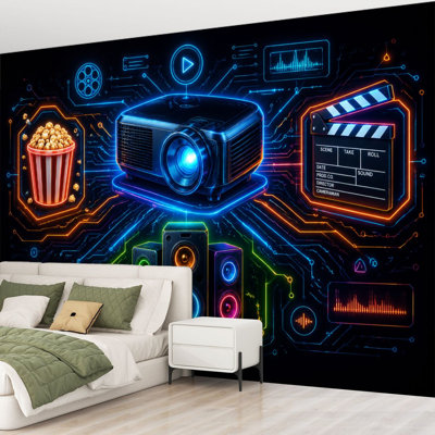 Wall Mural Peel and Stick Wallpaper Futuristic Home Theater Circuit Elements Movie Icons Self-Adhesive Removable Contact Paper Wall Decor for Living Room Bedroom 69"H x 96"W
