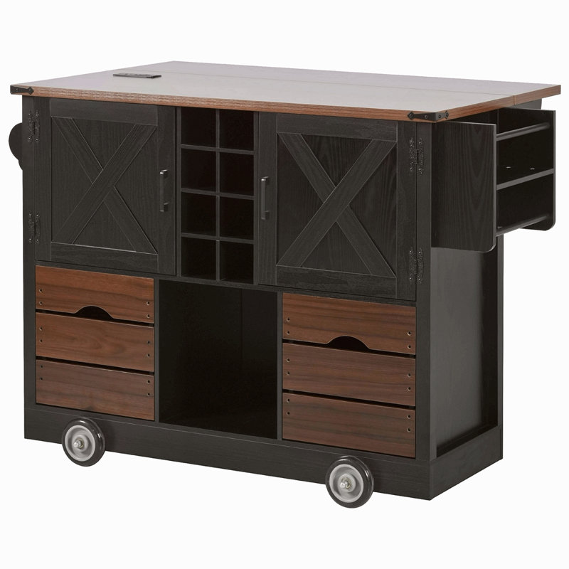 54" Farmhouse Kitchen Island With Drop Leaf, Power Outlet, Kitchen Storage Cart With 2 Doors, 2 Drawers, Rolling Kitchen Island On 4 Large Wheels With Spice Rack For Kitchen, Dining Room