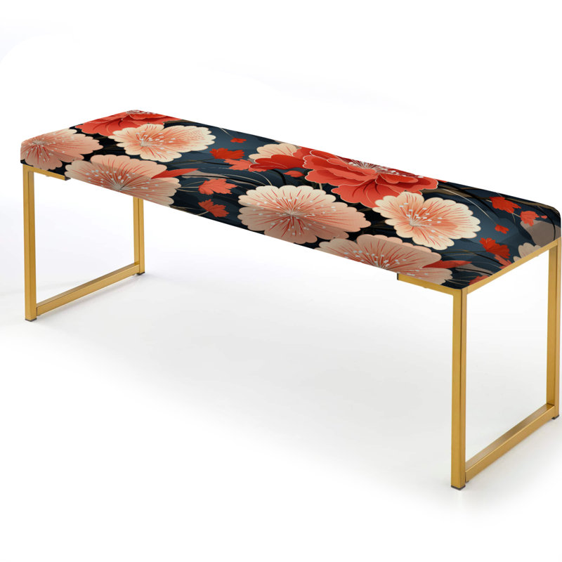 Upholstered Gold Bench, Red Geisha Japanese Floral