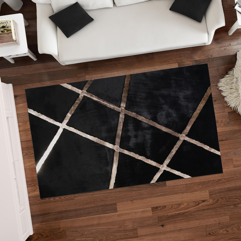 Tapis noir en peluche à rayures or rose 2 x 6 pi, Tapis de couloir 2 pi x 6 pi