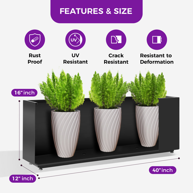 Boîte à fleurs rectangulaire en métal noire avec trous de drainage, l 40 po x P 12 po x H 16 po, contenant pour plante d'extérieur toutes saisons pour patio, cour ou balcon, série Block, pot à fleurs Span