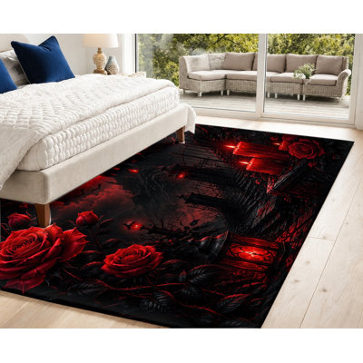Tapis gothique rose rouge, style fantaisie sombre, thème d'Halloween effrayant, tapis antidérapant, décoration intérieure artistique pour le salon, la chambre à coucher, le vestibule, appartement