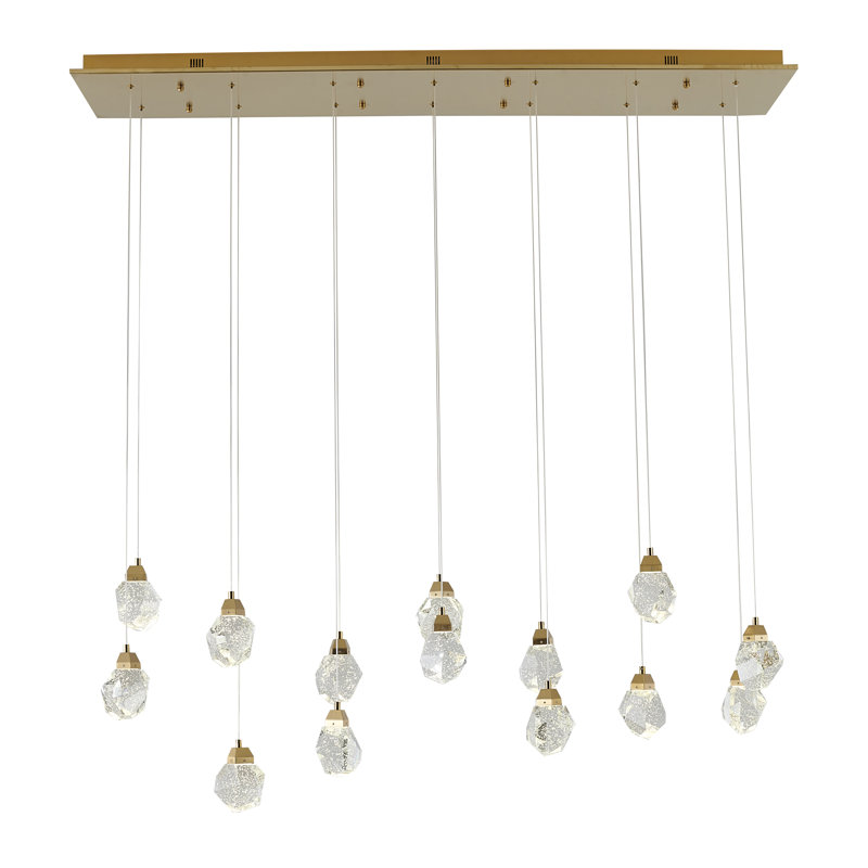 Lustre 14 lumières DEL or avec pendentifs en cristal transparent